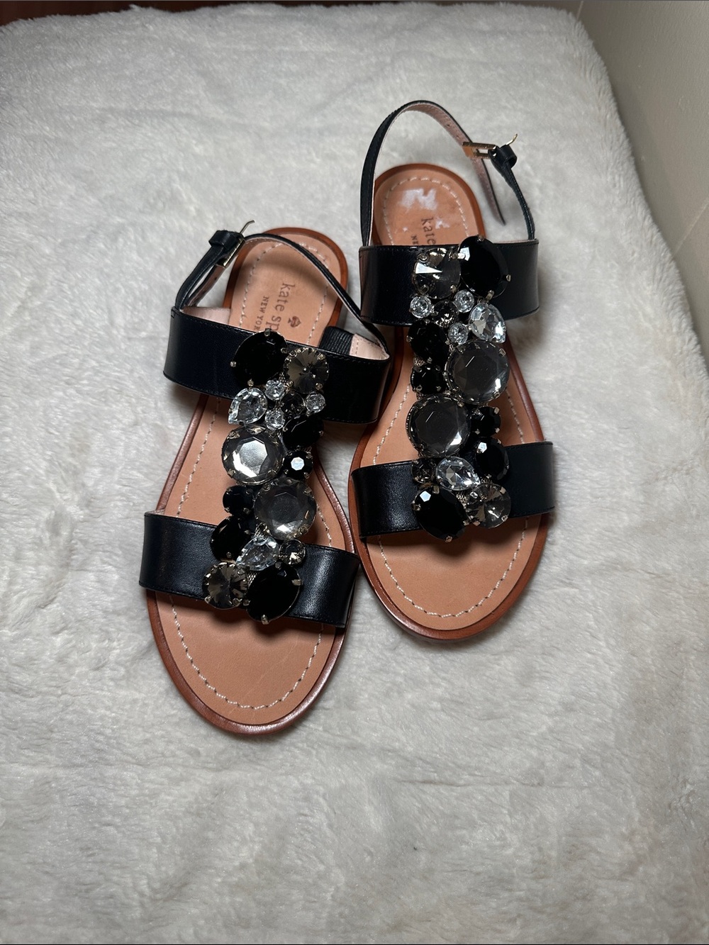 NWT kate spade Black Jeweled Leather Flat Sandals